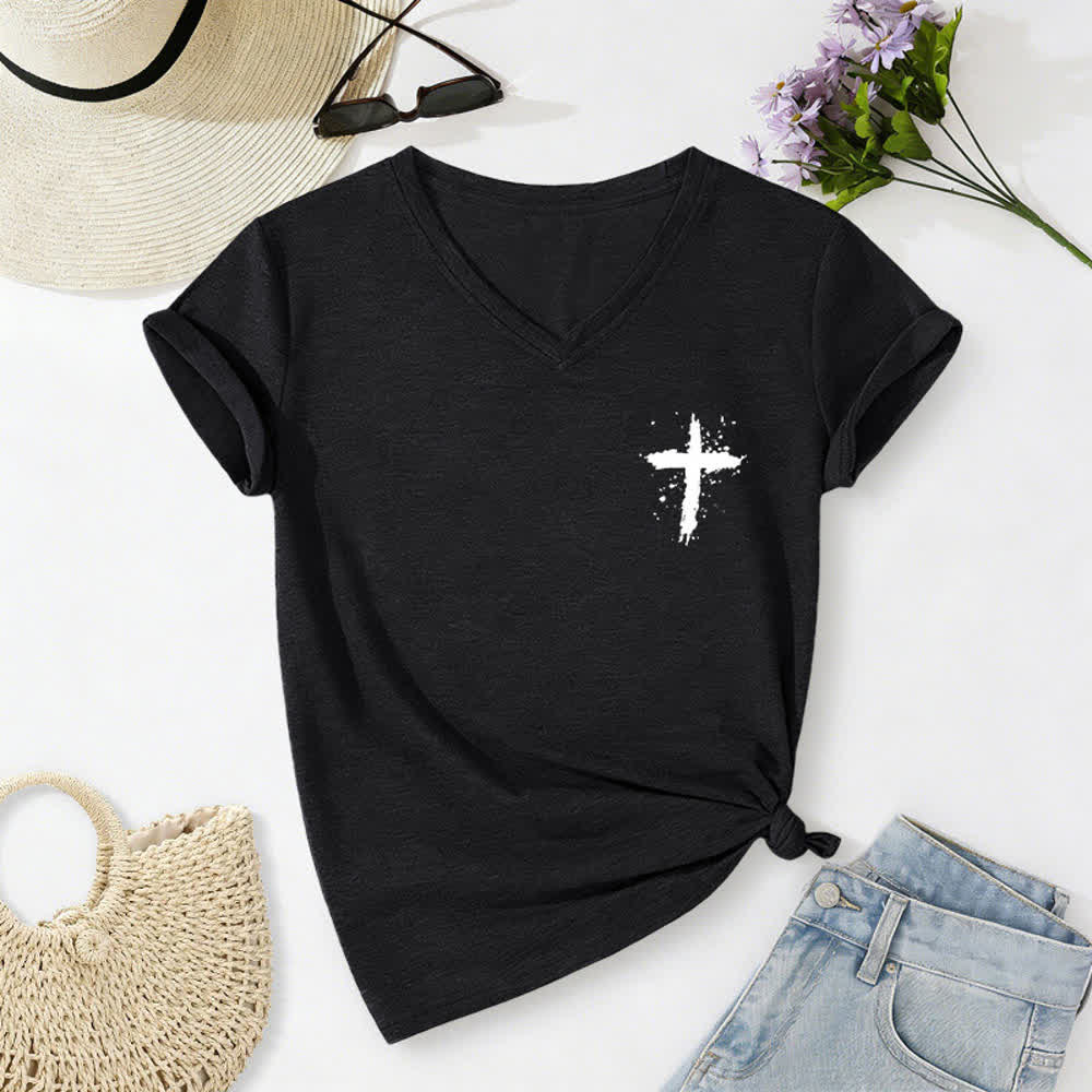 Christianartworkshop Psalms 91 Distressed Cross Knotted Hem Women's V Neck Tee - image 2