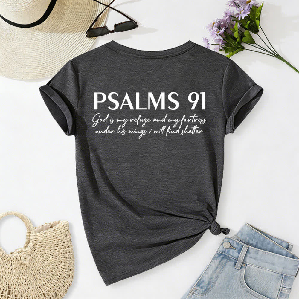 Christianartworkshop Psalms 91 Distressed Cross Knotted Hem Women's V Neck Tee - image 21