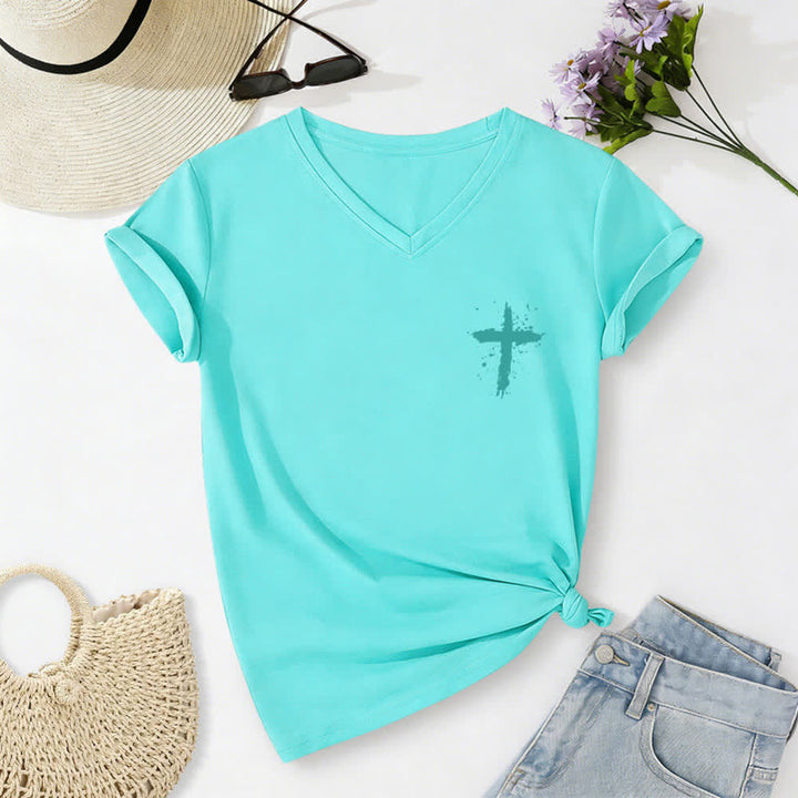 Christianartworkshop Psalms 91 Distressed Cross Knotted Hem Women's V Neck Tee - image 52