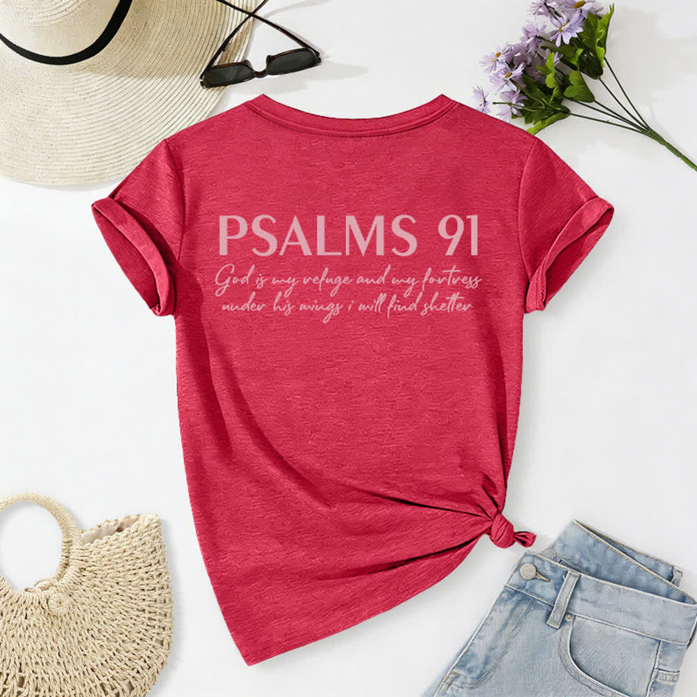 Christianartworkshop Psalms 91 Distressed Cross Knotted Hem Women's V Neck Tee - image 26