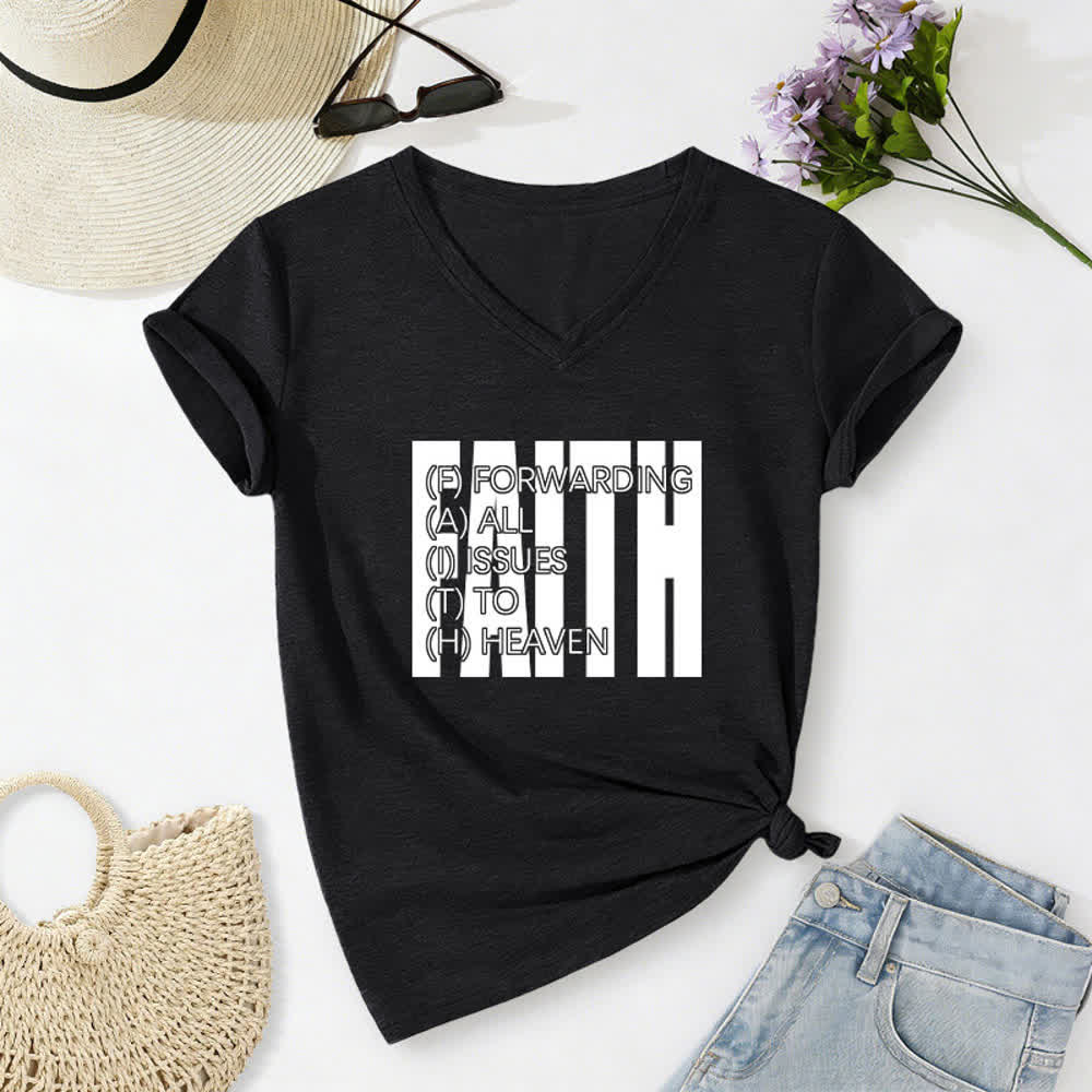 Christianartworkshop Faith Block Print Rolled Sleeve Women’s V Neck Tee - Black - 2XL - image 8