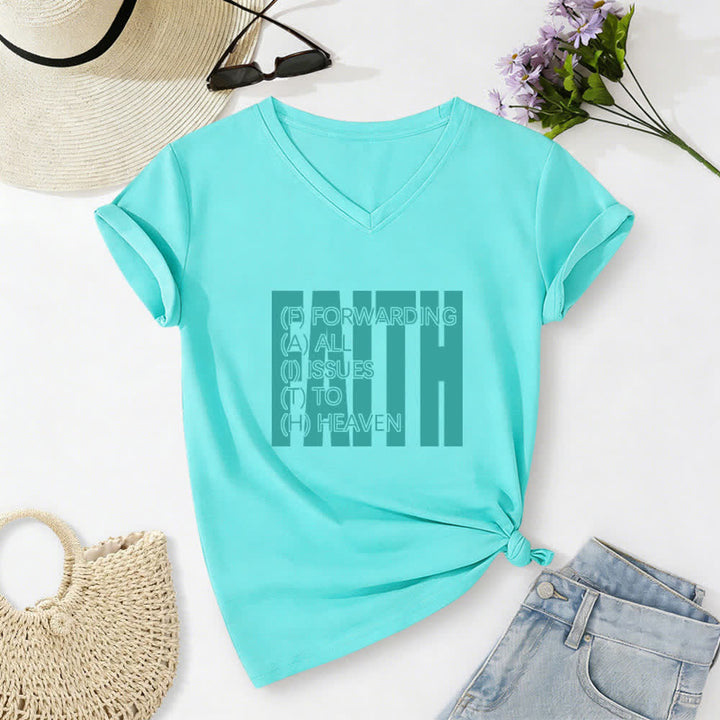 Christianartworkshop Faith Block Print Rolled Sleeve Women’s V Neck Tee - Blue - 2XL - image 22