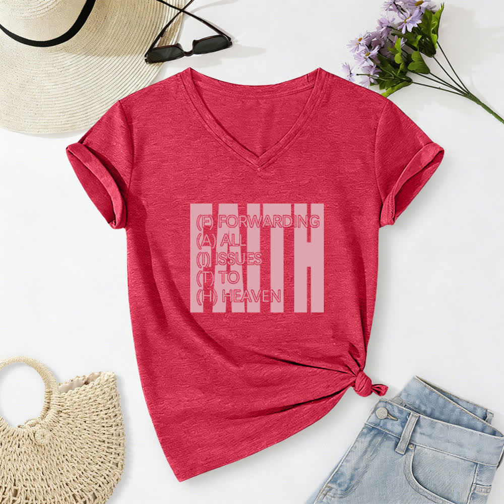 Christianartworkshop Faith Block Print Rolled Sleeve Women’s V Neck Tee - Red - 2XL - image 18