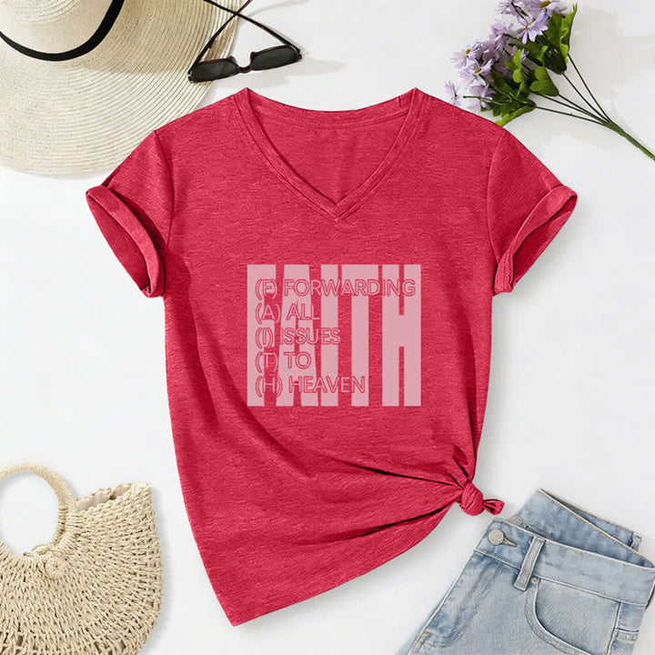 Christianartworkshop Faith Block Print Rolled Sleeve Women’s V Neck Tee - Red - 2XL - image 18