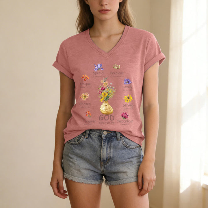 Christianartworkshop God Says You Are Floral Graphic Relaxed Womens V Neck Tee - image 9