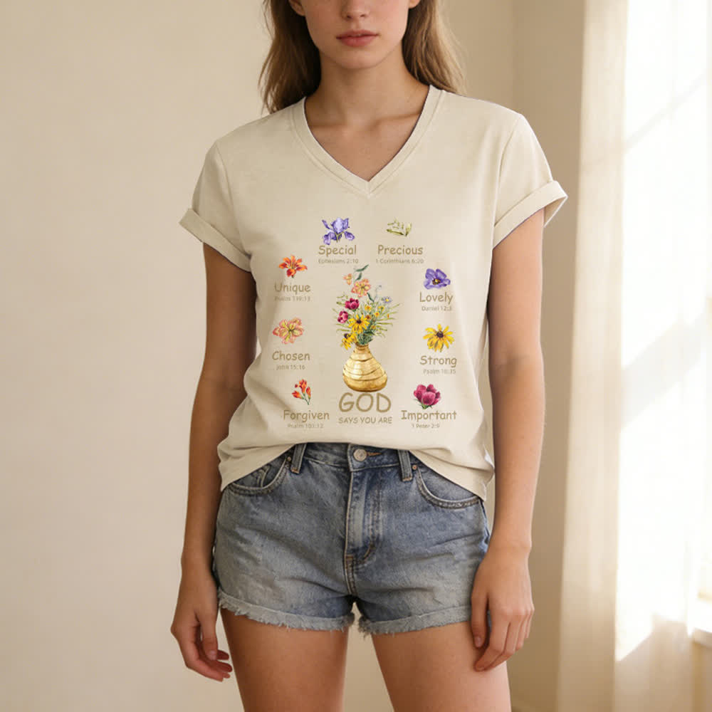 Christianartworkshop God Says You Are Floral Graphic Relaxed Womens V Neck Tee - image 7