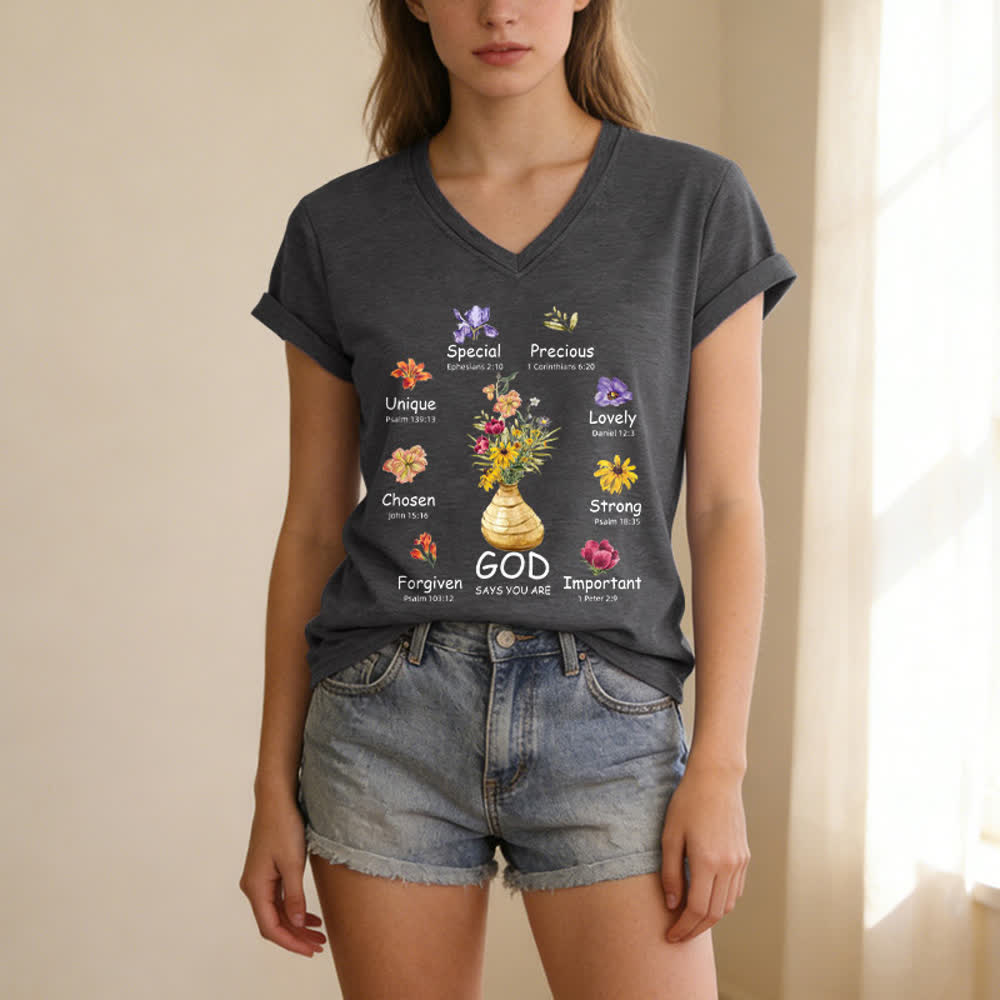 Christianartworkshop God Says You Are Floral Graphic Relaxed Womens V Neck Tee - image 15