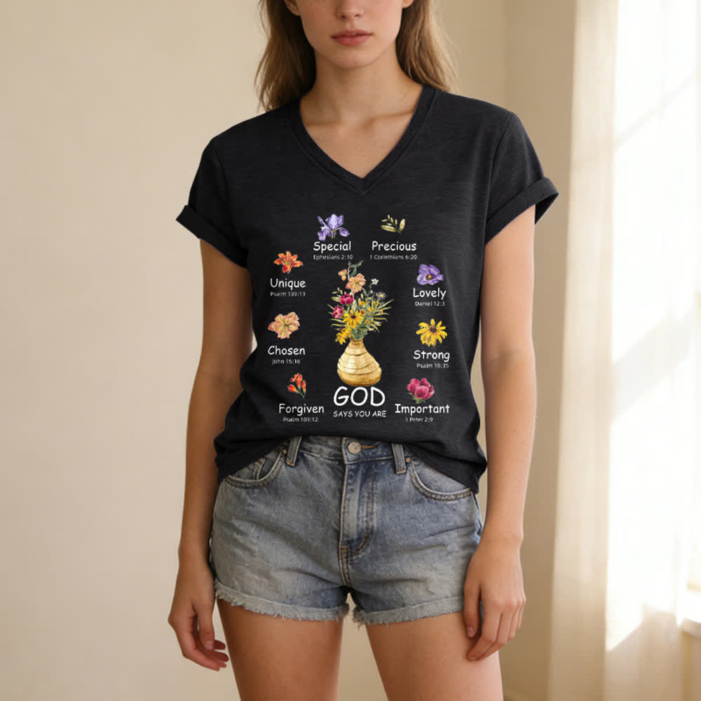 Christianartworkshop God Says You Are Floral Graphic Relaxed Womens V Neck Tee - image 25