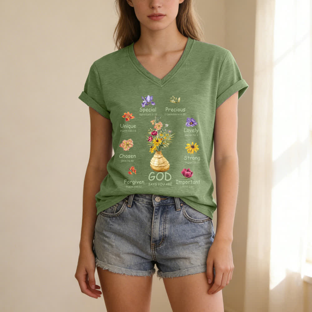Christianartworkshop God Says You Are Floral Graphic Relaxed Womens V Neck Tee - image 19