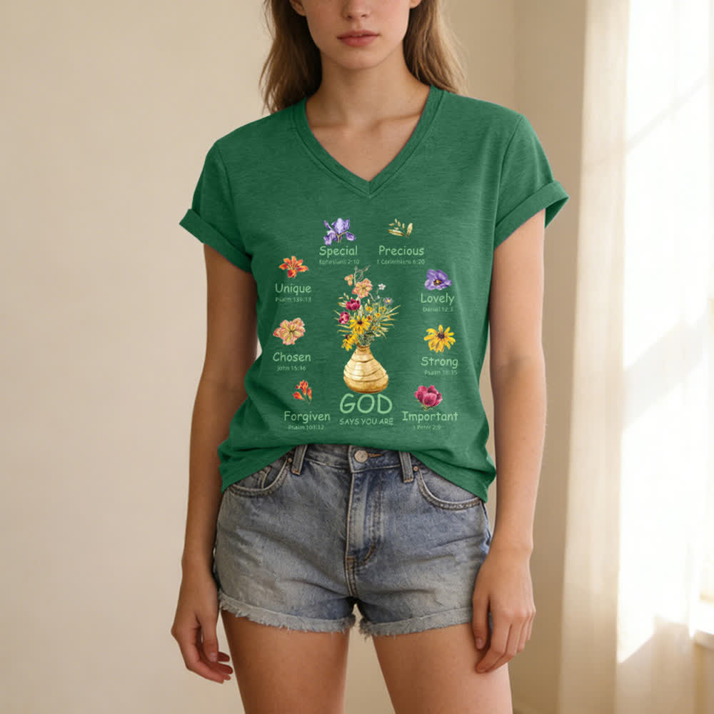 Christianartworkshop God Says You Are Floral Graphic Relaxed Womens V Neck Tee - image 17