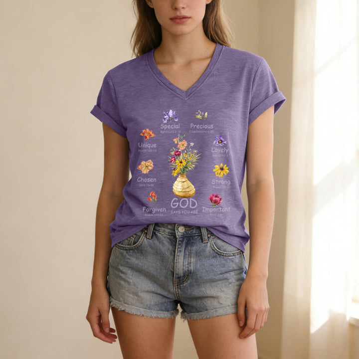 Christianartworkshop God Says You Are Floral Graphic Relaxed Womens V Neck Tee - image 13