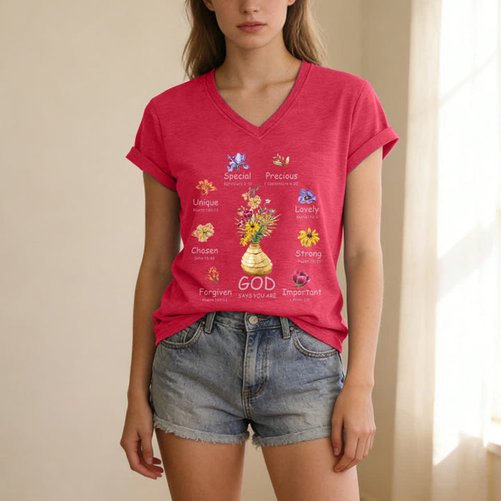 Christianartworkshop God Says You Are Floral Graphic Relaxed Womens V Neck Tee - image 11