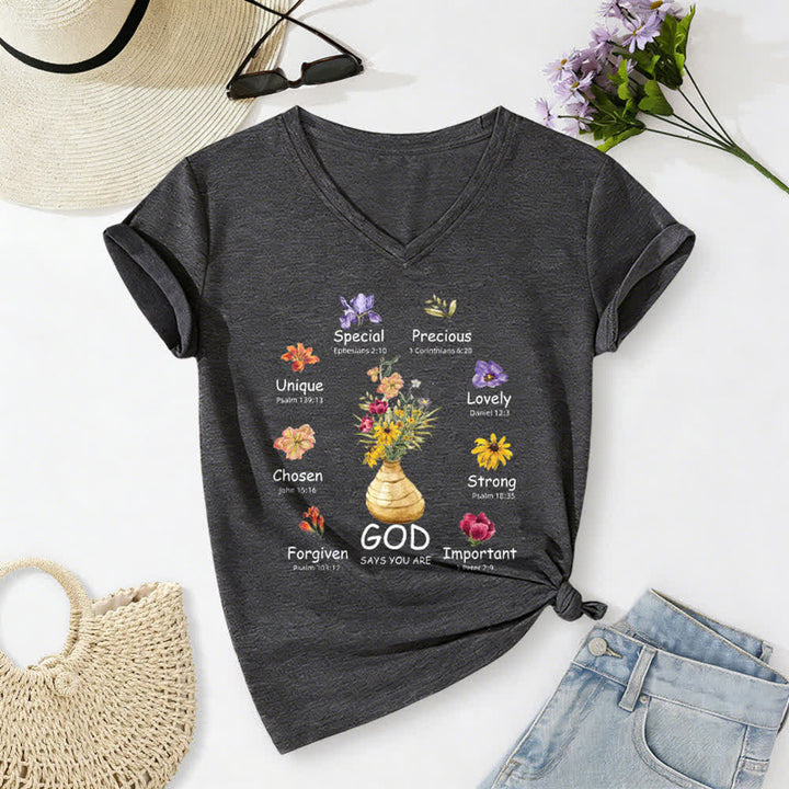 Christianartworkshop God Says You Are Floral Graphic Relaxed Womens V Neck Tee - Dark Grey - 2XL - image 14