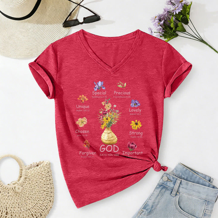 Christianartworkshop God Says You Are Floral Graphic Relaxed Womens V Neck Tee - Red - 2XL - image 10