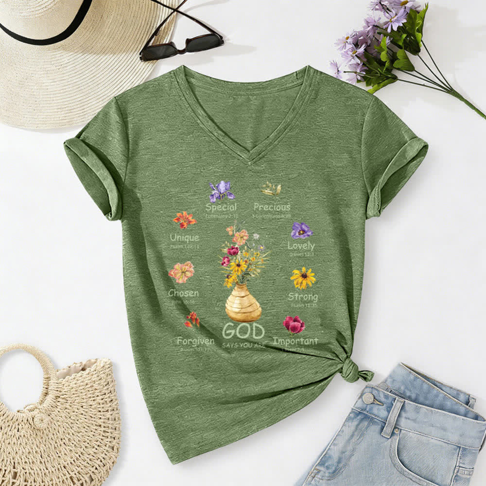 Christianartworkshop God Says You Are Floral Graphic Relaxed Womens V Neck Tee - image 18
