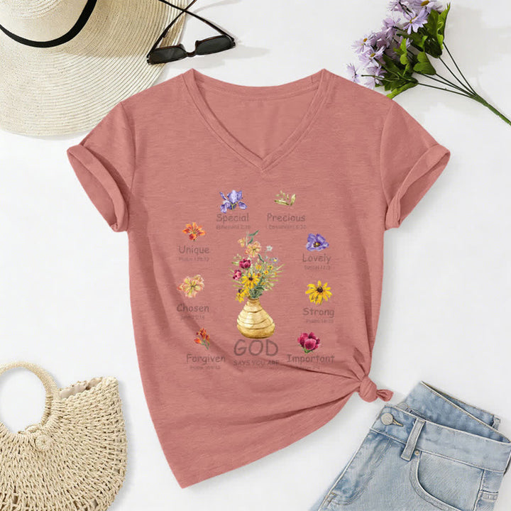 Christianartworkshop God Says You Are Floral Graphic Relaxed Womens V Neck Tee - Pink - 2XL - image 8