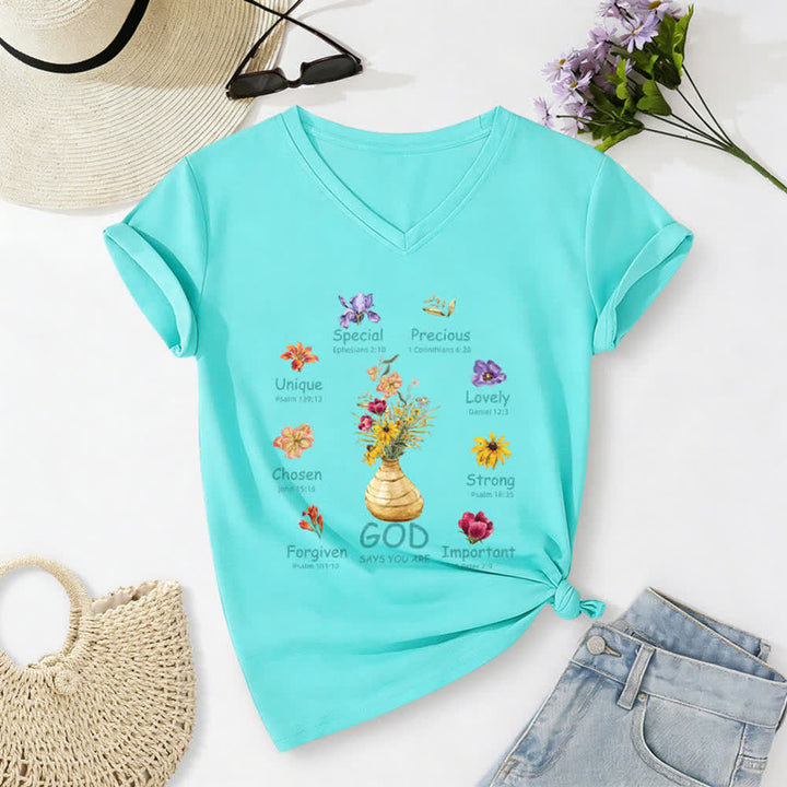 Christianartworkshop God Says You Are Floral Graphic Relaxed Womens V Neck Tee - Blue - 2XL - image 4