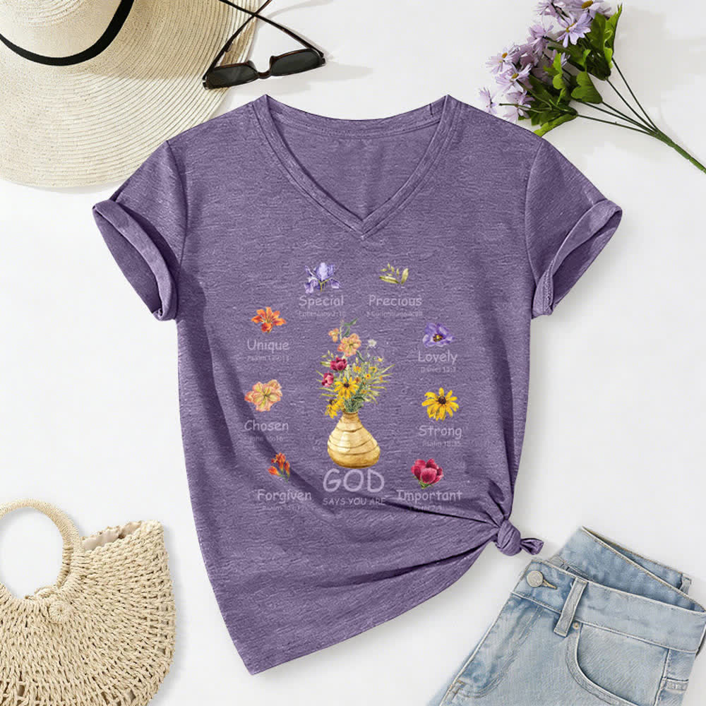 Christianartworkshop God Says You Are Floral Graphic Relaxed Womens V Neck Tee - Purple - 2XL - image 12
