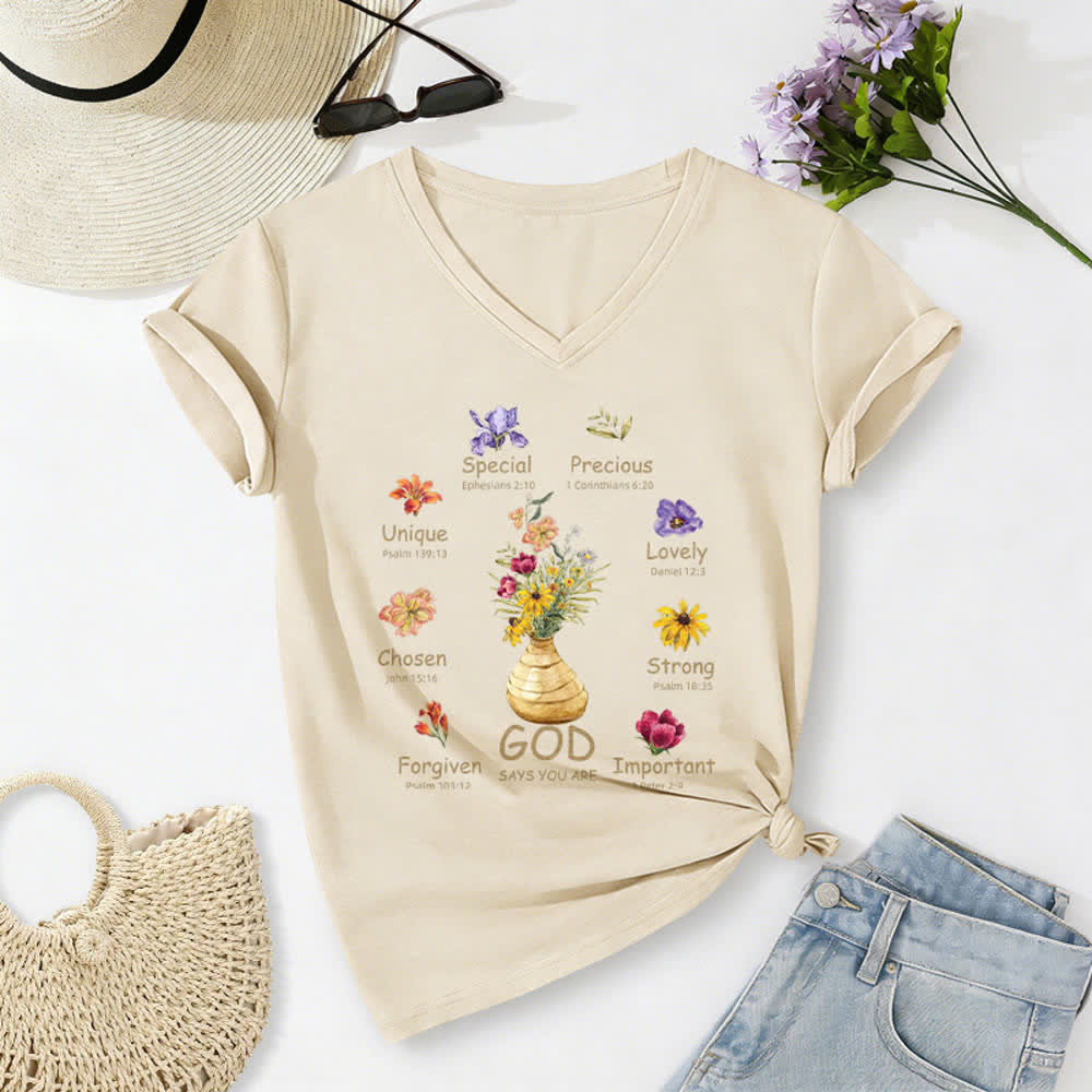 Christianartworkshop God Says You Are Floral Graphic Relaxed Womens V Neck Tee - Beige - 2XL - image 6
