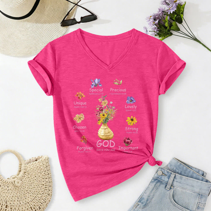 Christianartworkshop God Says You Are Floral Graphic Relaxed Womens V Neck Tee - image 20