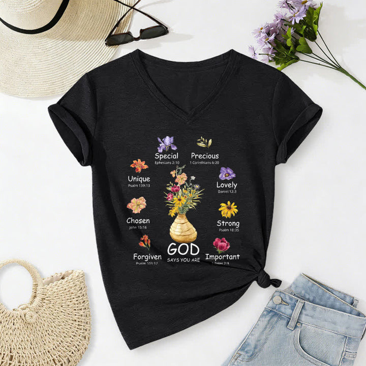 Christianartworkshop God Says You Are Floral Graphic Relaxed Womens V Neck Tee - Black - 2XL - image 24