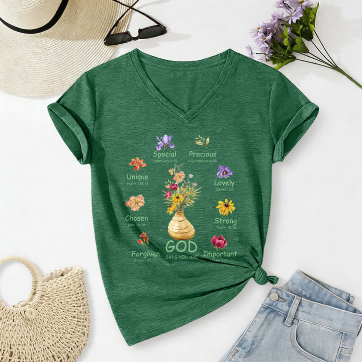 Christianartworkshop God Says You Are Floral Graphic Relaxed Womens V Neck Tee - Green - 2XL - image 16