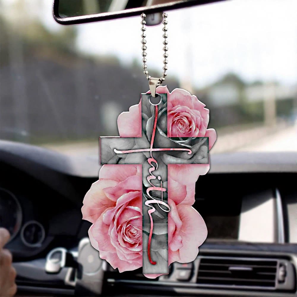 Christianartworkshop Floral Faith Cross Car Pendant: Emblem of Warm Heavenly Journey Blessing - Pink Rose - image 1