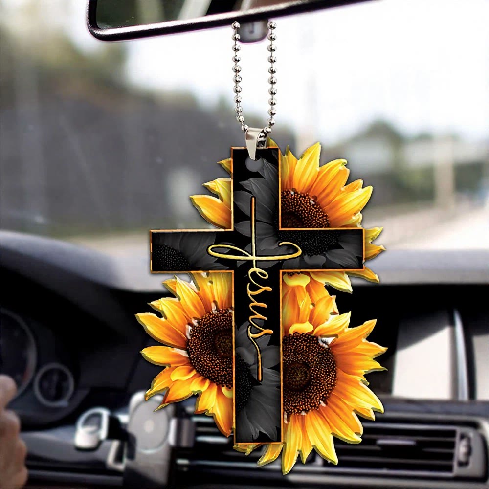 Christianartworkshop Floral Faith Cross Car Pendant: Emblem of Warm Heavenly Journey Blessing - Sunflower Jesus - image 0
