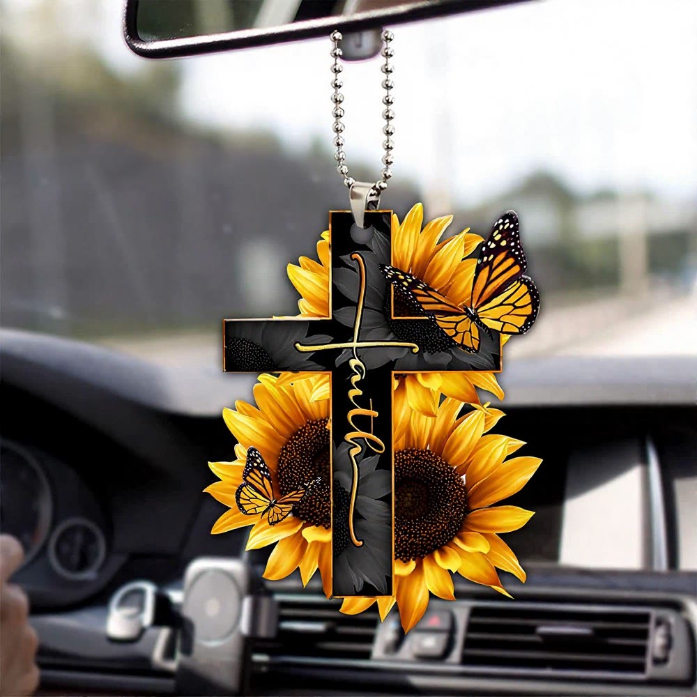 Christianartworkshop Floral Faith Cross Car Pendant: Emblem of Warm Heavenly Journey Blessing - Sunflower Double Butterfly - image 6