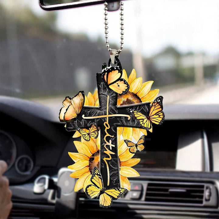 Christianartworkshop Floral Faith Cross Car Pendant: Emblem of Warm Heavenly Journey Blessing - Sunflower Multi Monarch Butterfly - image 2