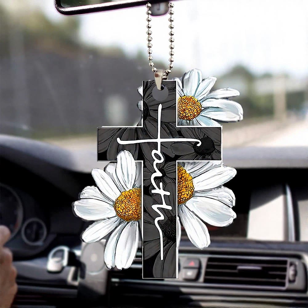 Christianartworkshop Floral Faith Cross Car Pendant: Emblem of Warm Heavenly Journey Blessing - Vintage Oil Painting Daisy - image 5