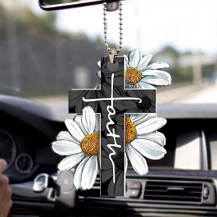 Christianartworkshop Floral Faith Cross Car Pendant: Emblem of Warm Heavenly Journey Blessing - Vintage Oil Painting Daisy - image 5