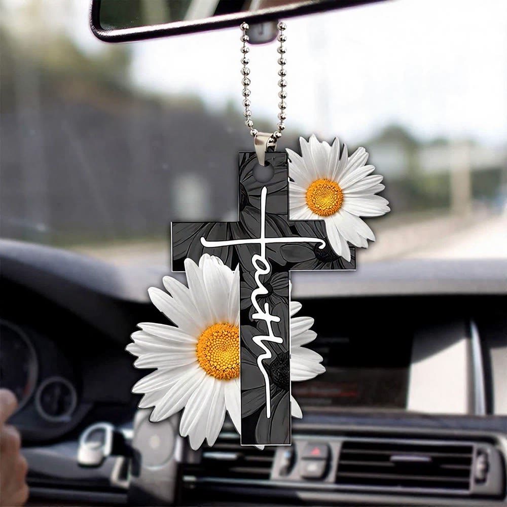 Christianartworkshop Floral Faith Cross Car Pendant: Emblem of Warm Heavenly Journey Blessing - Flat White Daisy - image 4