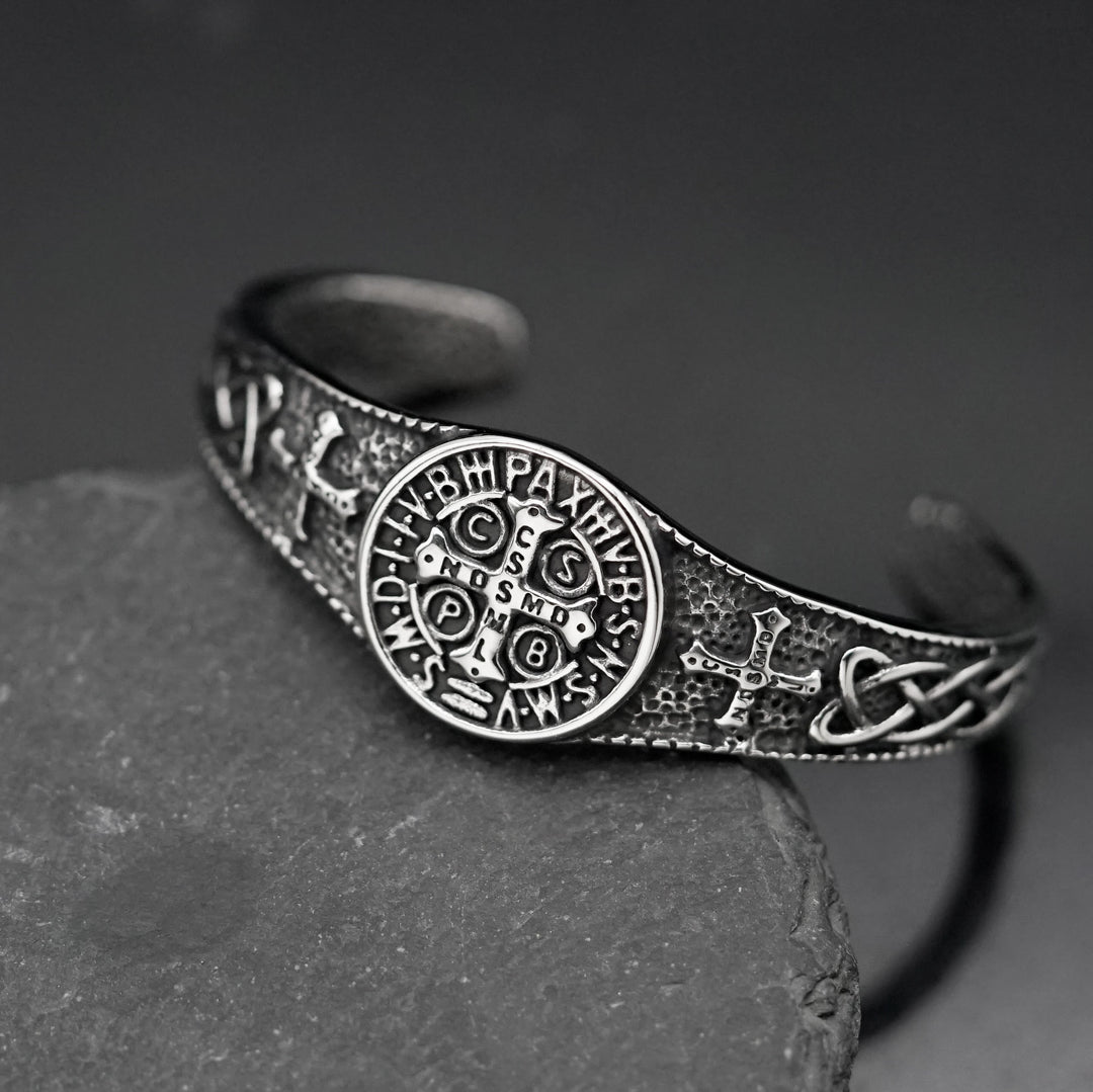 Christianartworkshop Vintage St. Benedict Medal Open Cuff Bracelet: Emblem of Timeless Heavenly Protection - Cross - image 0