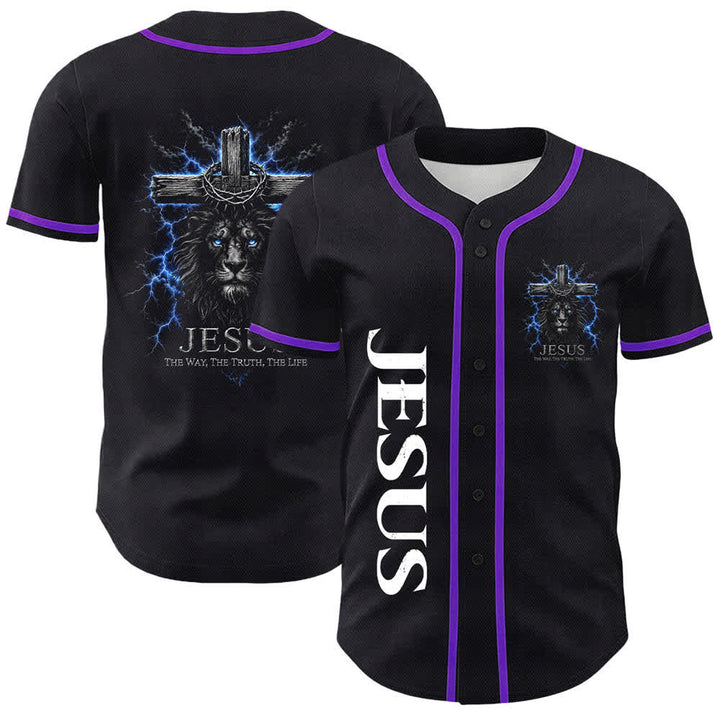 Christianartworkshop Jesus Lion Lightning Black Mesh Baseball Jersey - Purple - 5XL - image 21