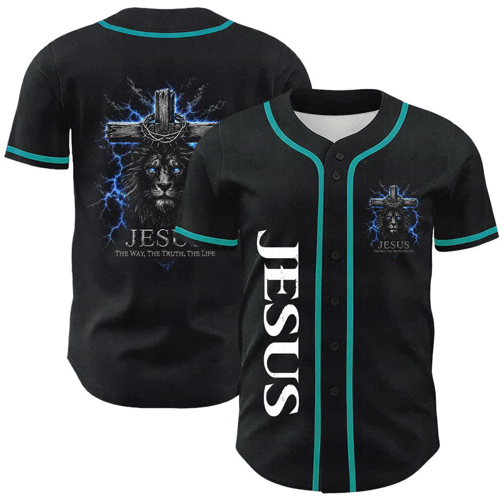 Christianartworkshop Jesus Lion Lightning Black Mesh Baseball Jersey - Lake Blue - 5XL - image 18