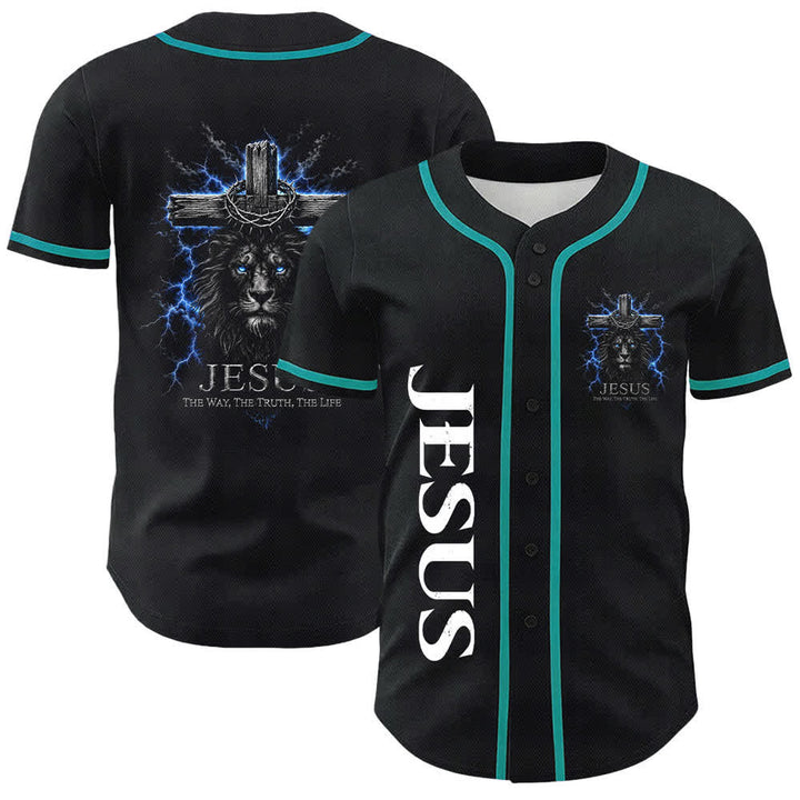 Christianartworkshop Jesus Lion Lightning Black Mesh Baseball Jersey - Lake Blue - 5XL - image 18