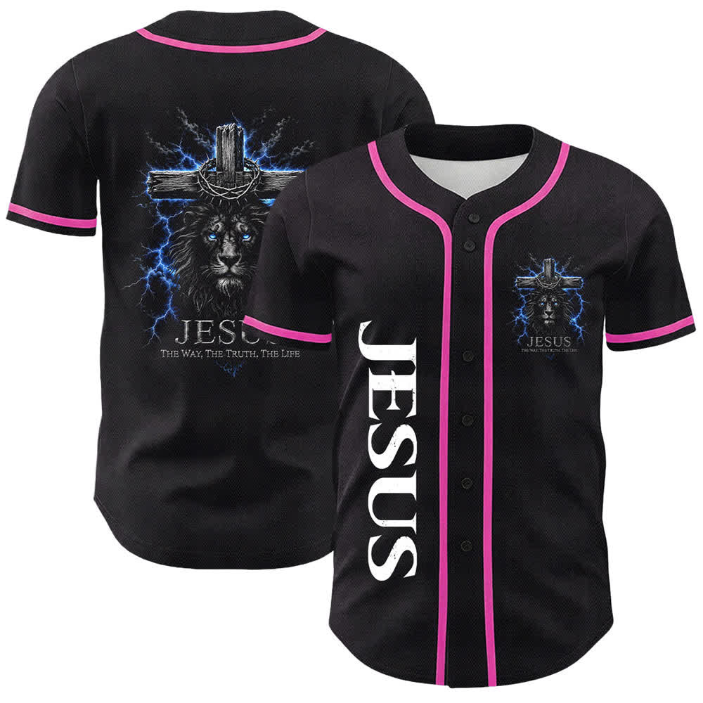 Christianartworkshop Jesus Lion Lightning Black Mesh Baseball Jersey - Pink - 5XL - image 12