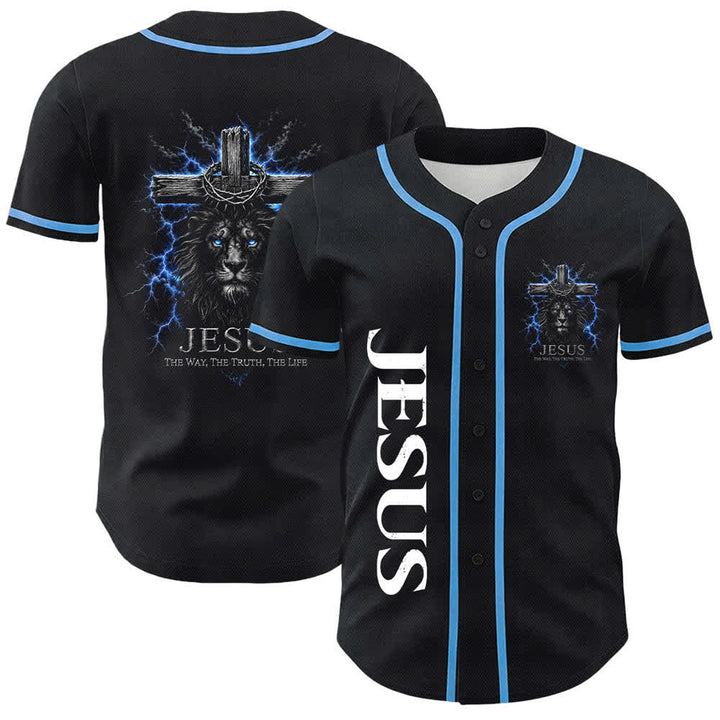 Christianartworkshop Jesus Lion Lightning Black Mesh Baseball Jersey - Sky Blue - 5XL - image 0