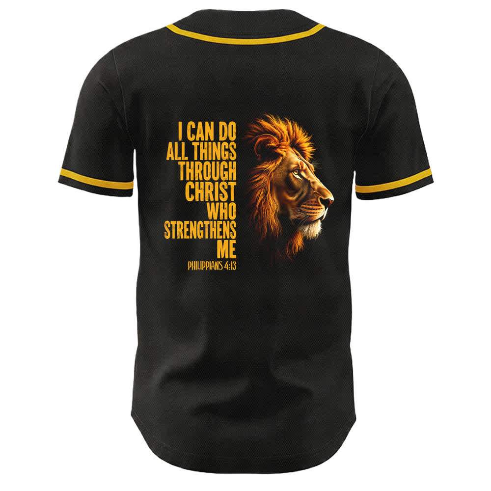 Christianartworkshop Lion Of Strength Philippians 4:13 Black Gold Baseball Jersey - image 1