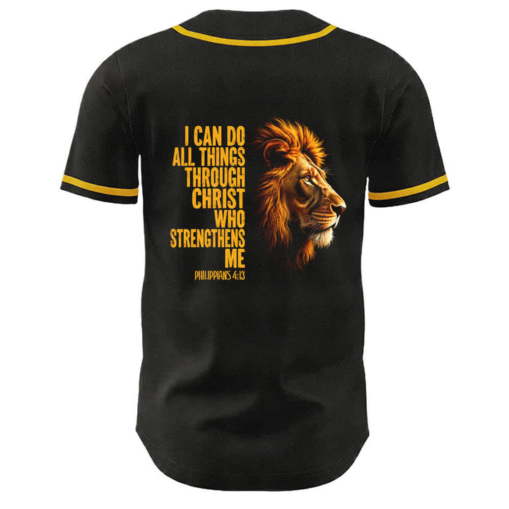 Christianartworkshop Lion Of Strength Philippians 4:13 Black Gold Baseball Jersey - image 1