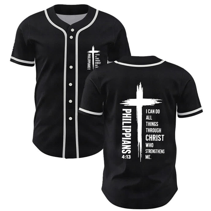Christianartworkshop Philippians 4:13 Cross Graphic Contrast Trim Baseball Jersey - Black - 5XL - image 7