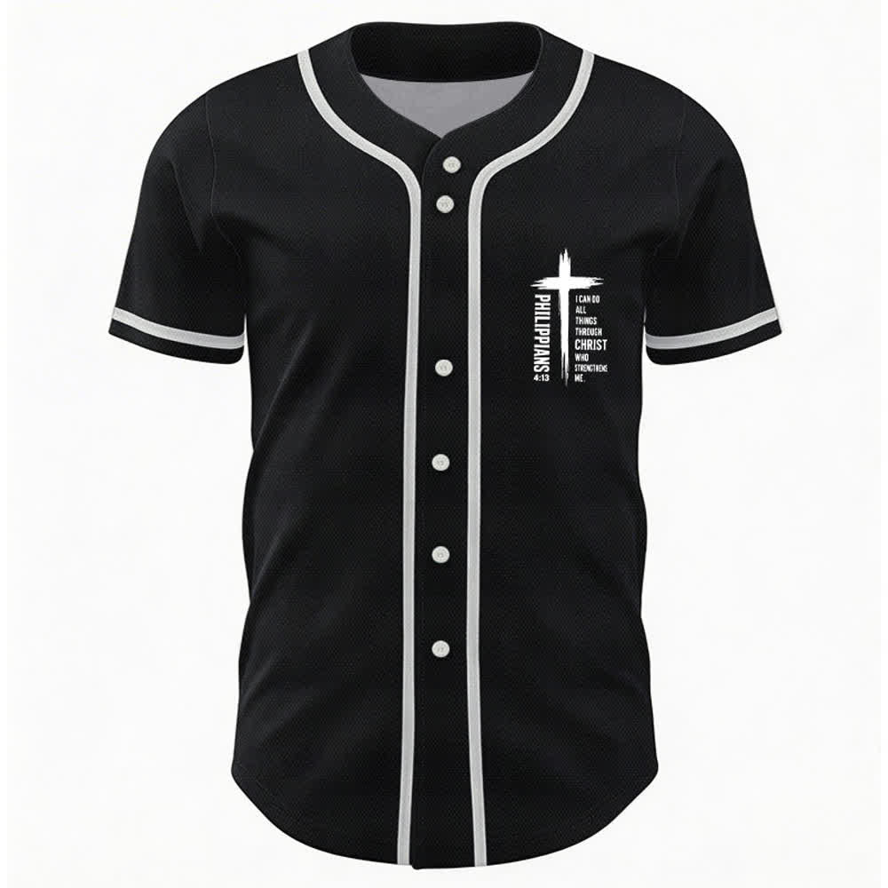 Christianartworkshop Philippians 4:13 Cross Graphic Contrast Trim Baseball Jersey - image 9
