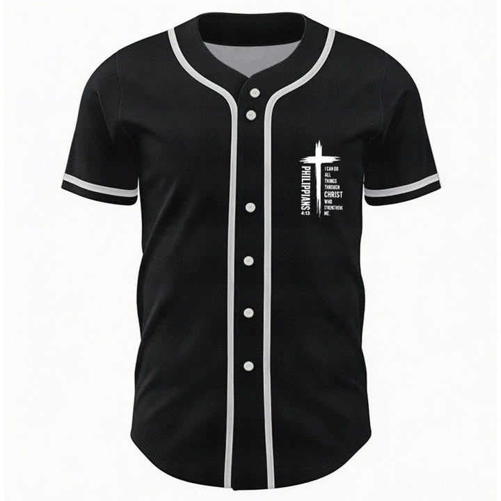 Christianartworkshop Philippians 4:13 Cross Graphic Contrast Trim Baseball Jersey - image 9