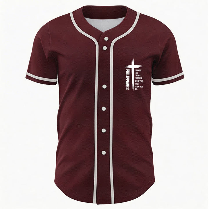 Christianartworkshop Philippians 4:13 Cross Graphic Contrast Trim Baseball Jersey - image 2