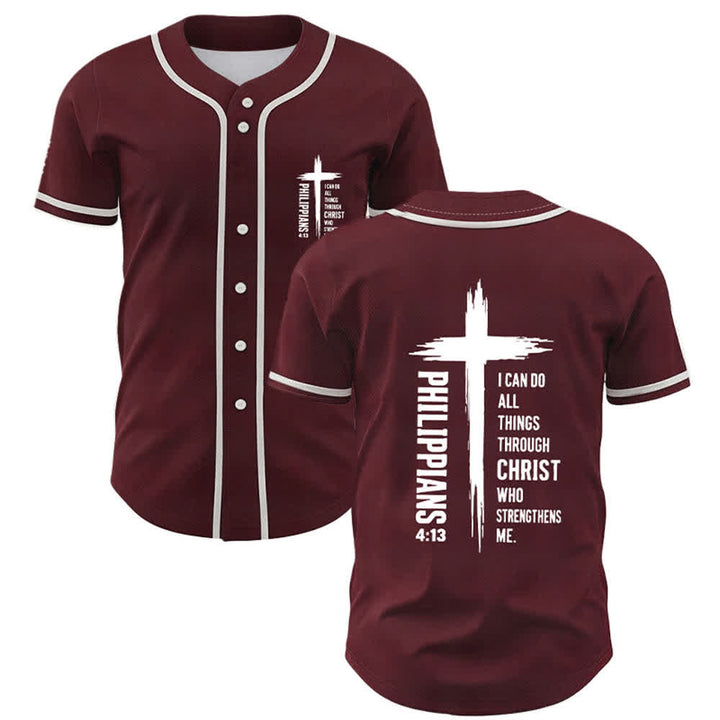 Christianartworkshop Philippians 4:13 Cross Graphic Contrast Trim Baseball Jersey - Wine - 5XL - image 0