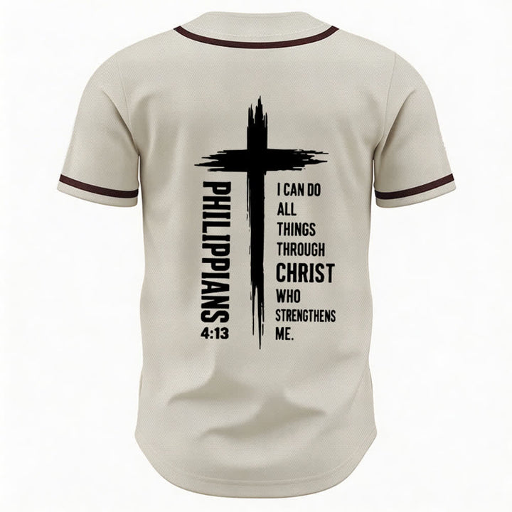 Christianartworkshop Philippians 4:13 Cross Graphic Contrast Trim Baseball Jersey - image 22