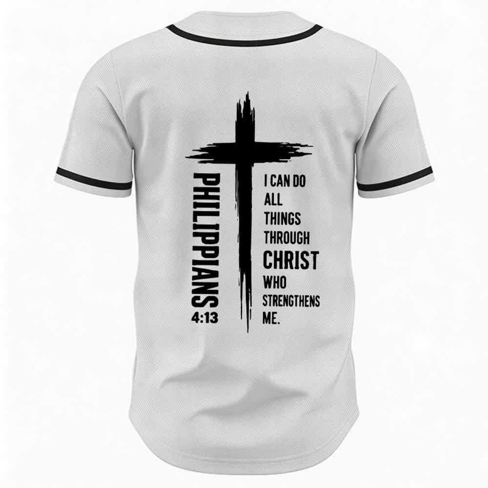 Christianartworkshop Philippians 4:13 Cross Graphic Contrast Trim Baseball Jersey - image 36