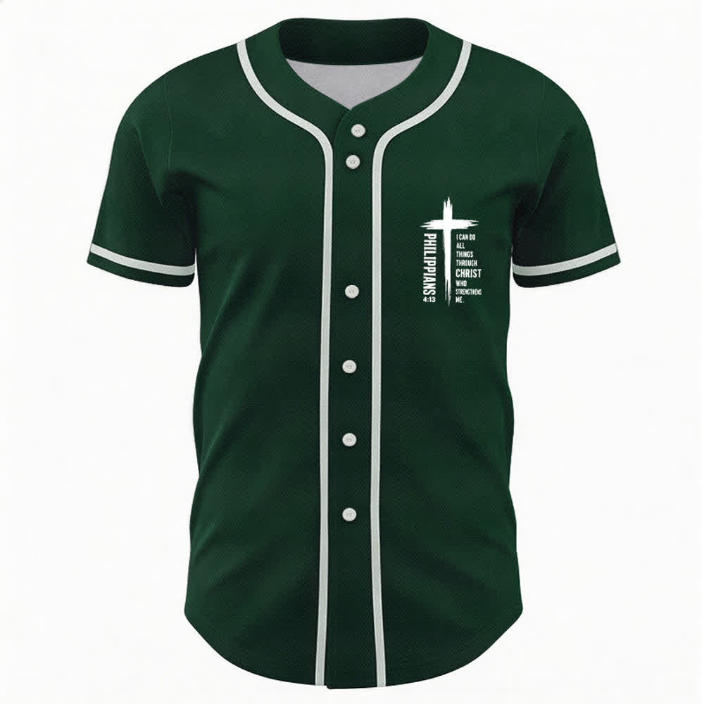 Christianartworkshop Philippians 4:13 Cross Graphic Contrast Trim Baseball Jersey - image 16