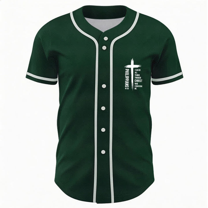 Christianartworkshop Philippians 4:13 Cross Graphic Contrast Trim Baseball Jersey - image 16